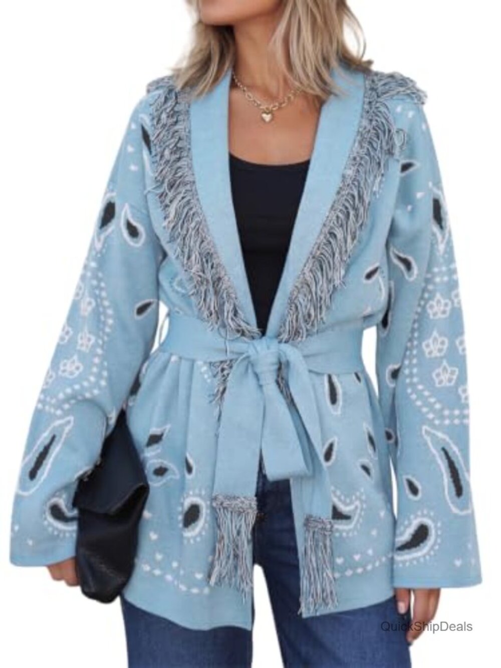 Womens Fringe Cardigan Printed Long Sleeve V Neck Belt Sweaters